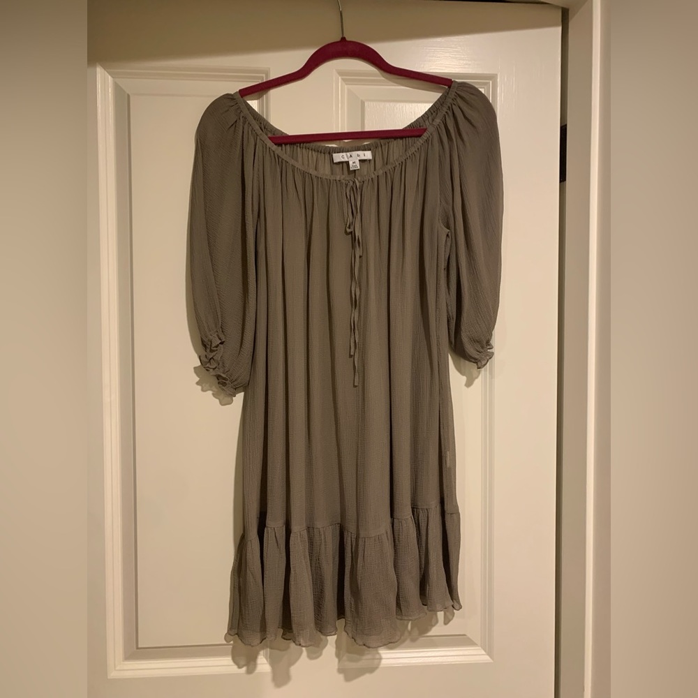 CAbi taupe sheer blouse with puffy sleeves and ruffle detail